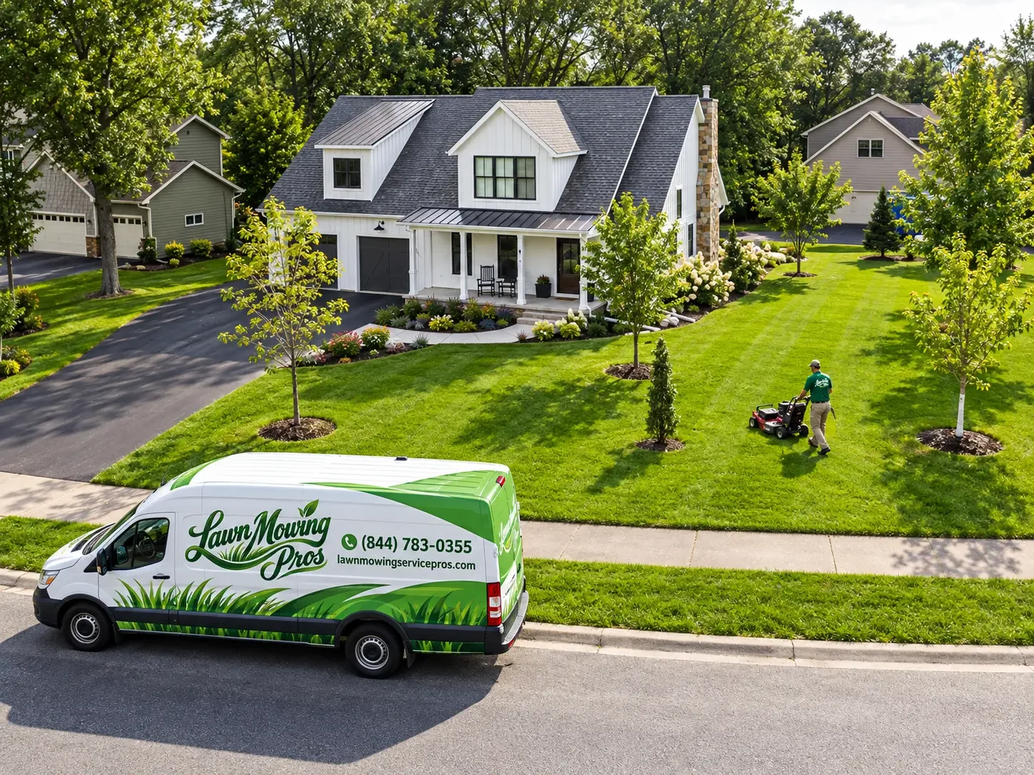 Lawn Mowing Pros branded van parked outside a home while a crew member mows the front lawn