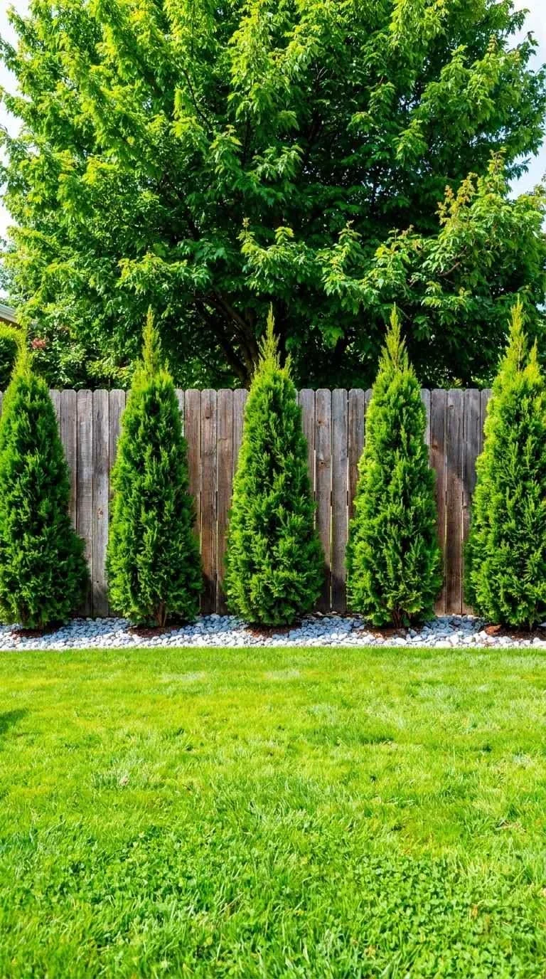 Evergreens along the fence line — lawn and landscape photo