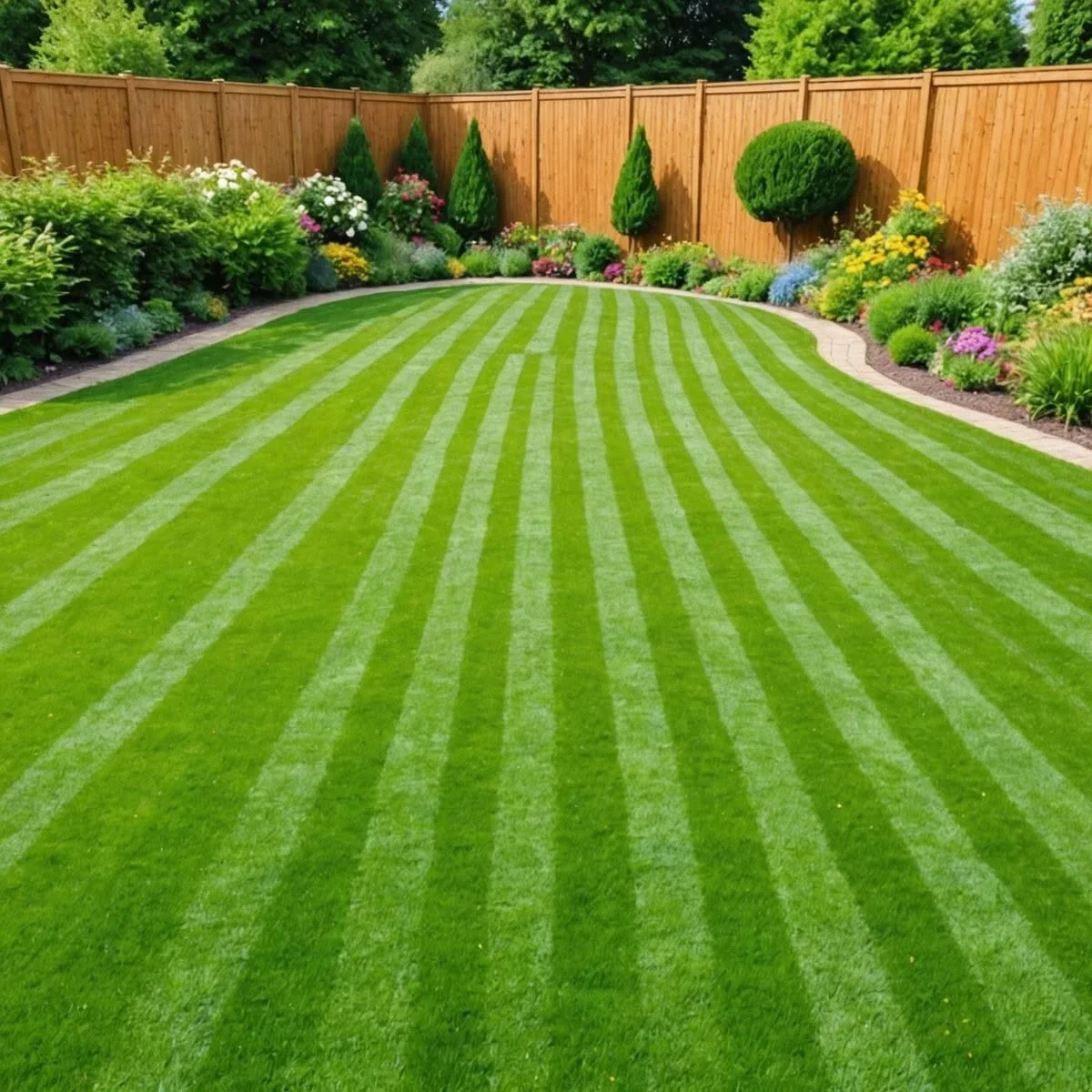 A curved border with clean stripes — lawn and landscape photo
