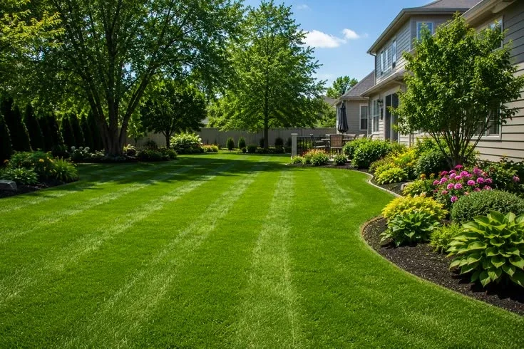 Backyard lawn with garden beds — lawn and landscape photo