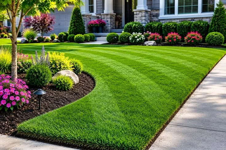 Front lawn with curved mulch beds — lawn and landscape photo