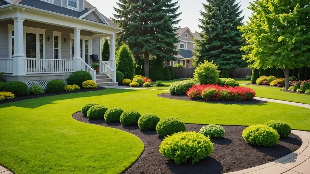 Shrubs and a mulch bed up front — lawn and landscape photo